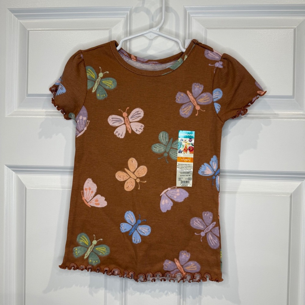 Girls Size 4T Brown Ribbed Flutter Sleeve Butterfly Print Top